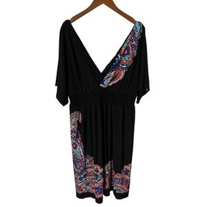 London Times Woman Colorful Kimono Sleeve Black Floral Paisley Size 14W